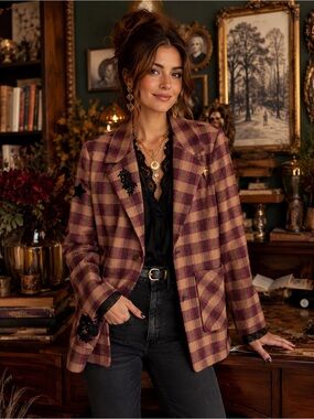 Plaid Open-Front Blazer Jacket in Burgundy and Tan
